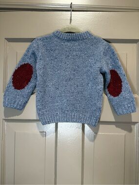 La Coqueta Blue Knit Sweater with Burgundy Elbow Patches